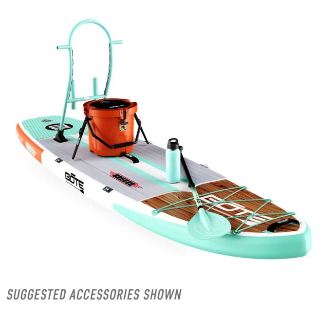 Bote Breeze 10'6" Stand-up paddleboard with accessories displayed.