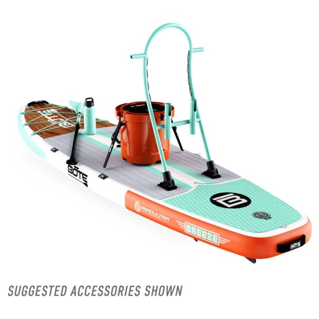 Bote Breeze 10'6" Stand-up paddleboard with accessories displayed.