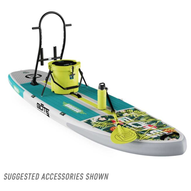 Bote Breeze 10'6" Stand-up paddleboard with accessories displayed.