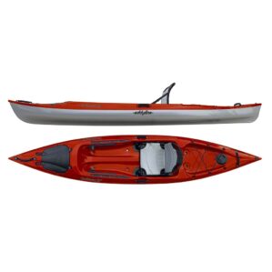 Eddyline Caribbean 12' sit on top kayak split side and top in red pearl and silver. Riverbound Sports authorized Eddyline dealer in Tempe, Arizona.