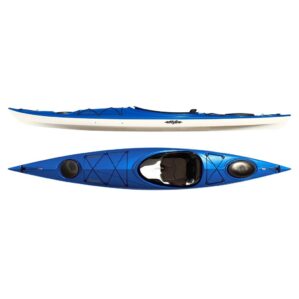 Eddyline Equinox 14' sit inside kayak split side and top in blue. Riverbound Sports authorized Eddyline dealer in Tempe, Arizona.