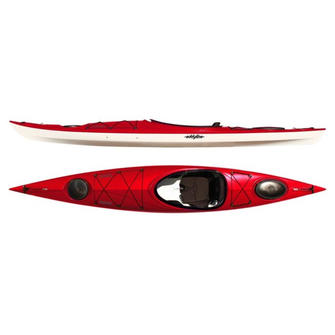 Eddyline Equinox 14' sit inside kayak split side and top in red. Riverbound Sports authorized Eddyline dealer in Tempe, Arizona.