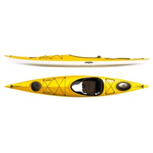 Eddyline Equinox 14' sit inside kayak split side and top in yellow. Riverbound Sports authorized Eddyline dealer in Tempe, Arizona.