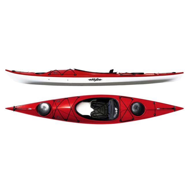 Eddyline Rio 11' 9" sit inside kayak split side and top in red. Riverbound Sports authorized Eddyline dealer in Tempe, Arizona.