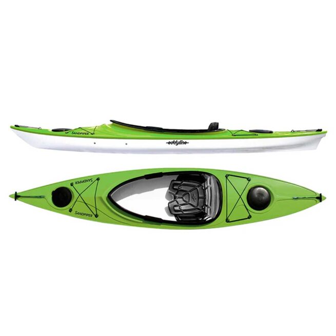 Eddyline Sandpiper 12' sit inside kayak split side and top in lime. Riverbound Sports authorized Eddyline dealer in Tempe, Arizona.