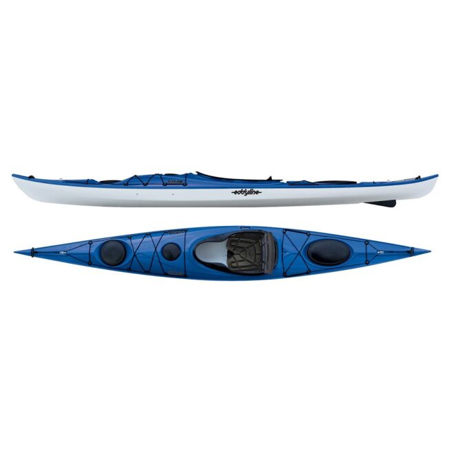 Eddyline Kayaks Sitka LT touring kayak in blue. Split image side and top. Available at authorized Eddyline dealer, Riverbound Sports in Tempe, Arizona.