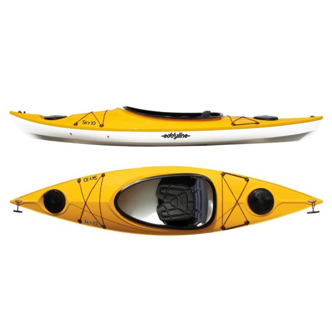 Eddyline Sky 10' sit inside kayak split side and top in yellow. Riverbound Sports authorized Eddyline dealer in Tempe, Arizona.