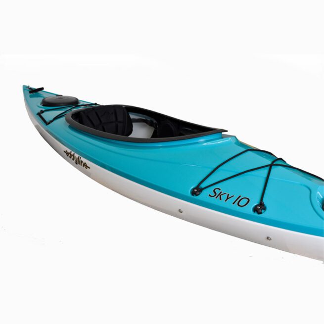 Eddyline Sky 10 sit on top kayak top view with white haul and teal deck. Riverbound Sports Paddle Company.