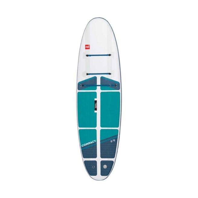 Red Paddle 9'6" Compact paddle board. White with blue and teal accent colors. Available at Riverbound Sports store in Tempe, Arizona.