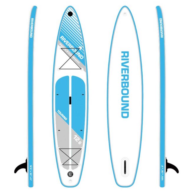 Riverbound Sports 12'6" Touring inflatable paddleboard in blue and grey. Available at Riverbound Sports in Tempe, Arizona.