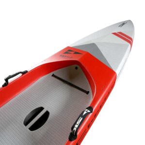 Red and white racing SIC Maui RST Paddleboard. Available at Riverbound Sports in Tempe, Arizona.