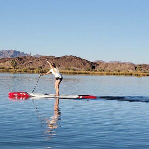 Teri paddling the 2020 SIC Maui RS at the Parker ADR demo day with Riverbound Sports.