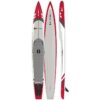 SIC RS Elite race board 3 images of top, bottom and side. Board is in red, white and silver.