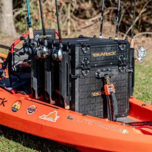 YakAttack rugged 16 x 16 ShortStak upgrade storage box on a kayak. Available at Riverbound Sports in Tempe, Arizona.