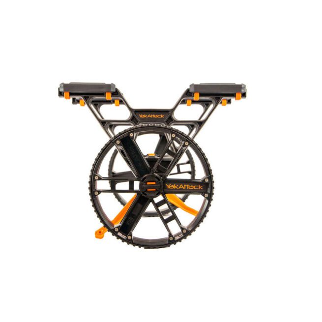 YakAttack black and orange kayak cart wheel. Available at Riverbound Sports in Tempe, Arizona.