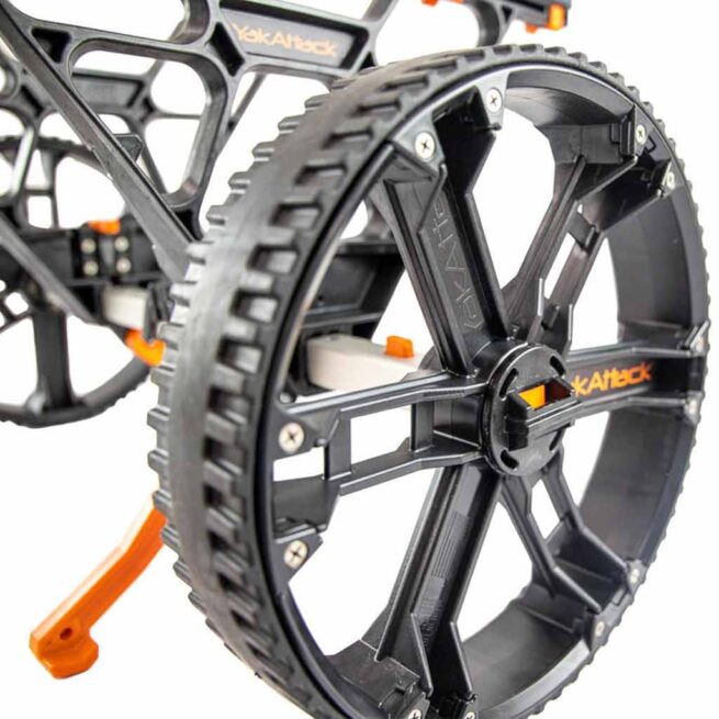 Close-up of YakAttack kayak cart wheels.