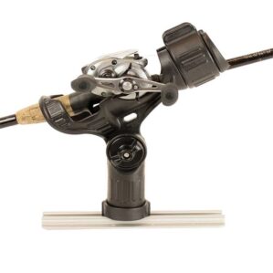 The YakAttack Omega rod holder with fishing pole.