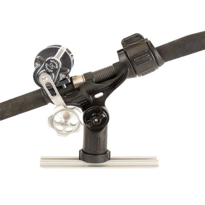 The YakAttack Omega rod holder with fishing pole.