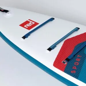 Red paddle board with blue bungee cords and logo. Available at Riverbound Sports in Tempe, Arizona.